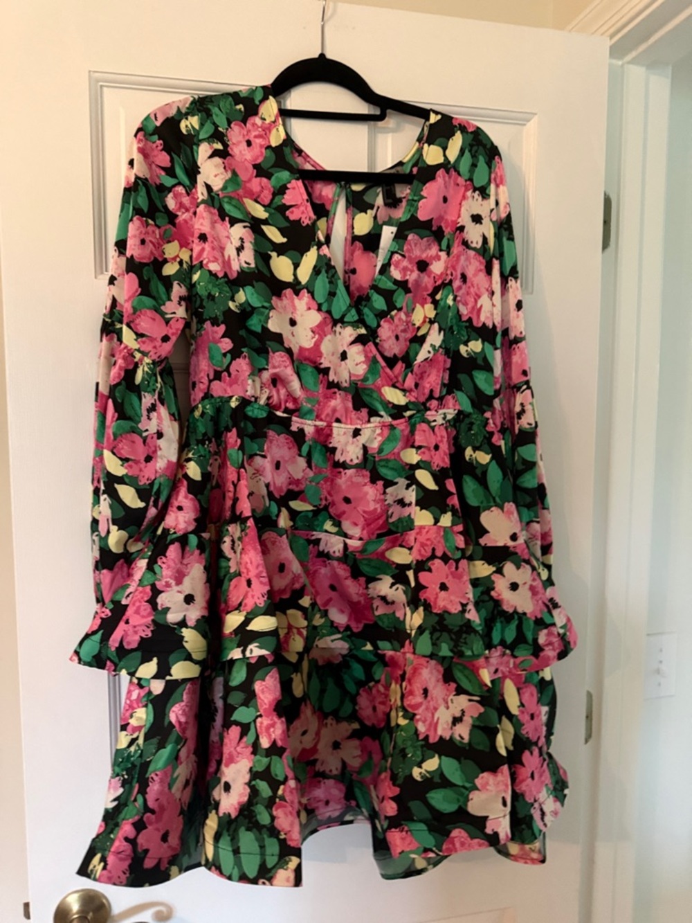 NWT Pink and Green Floral Tiered Long-Sleeve Dress